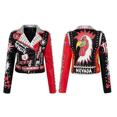 Motorcycle PU Leather Jacket Black Graffiti Red Trim