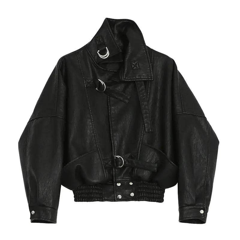Motorcycle PU Leather Jacket with Long Sleeve Design Black