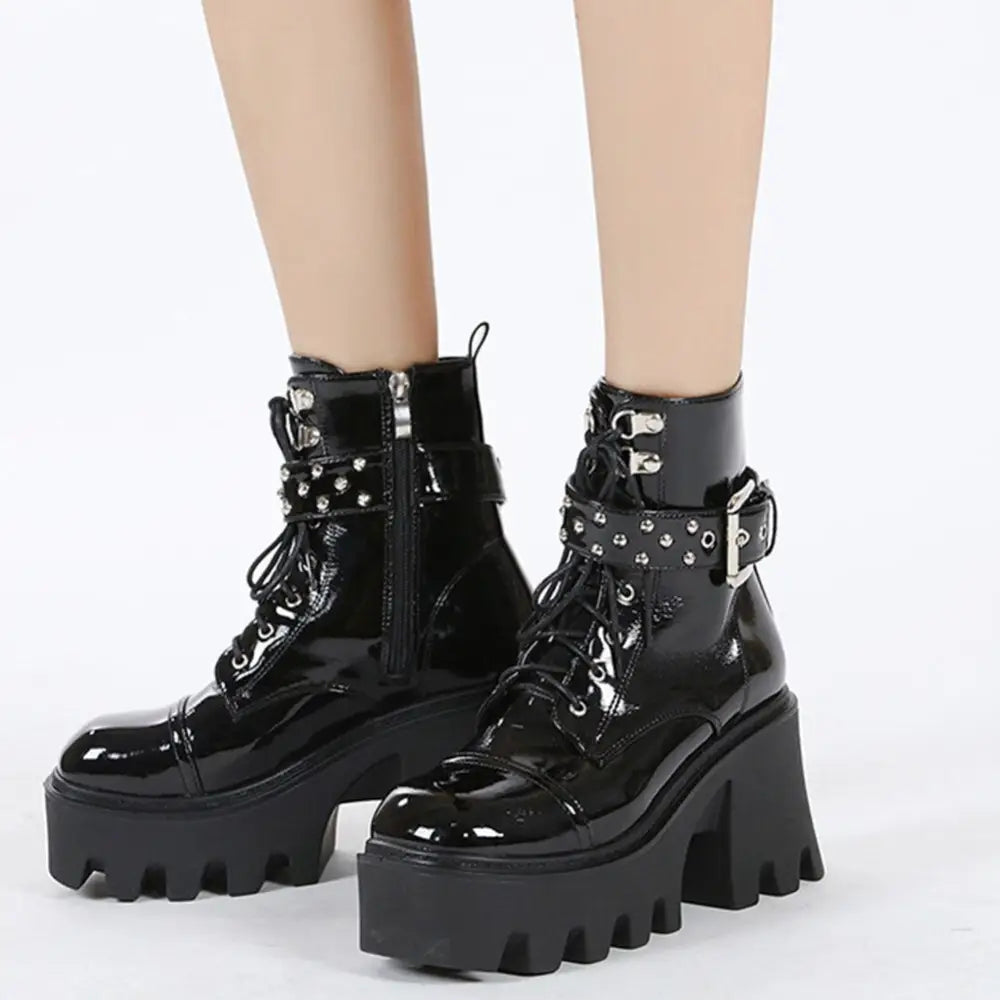 Motorcycle Square Heel Toe Ankle Boots - Black 1 / 4