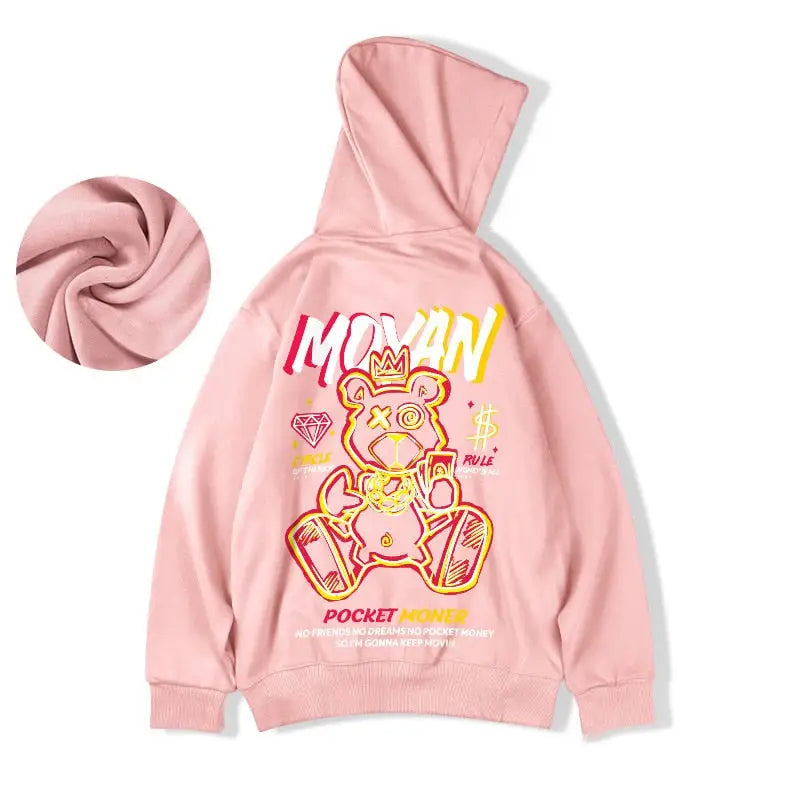 Moyan Bear Hoodie Urban Street Style Pullover Pink / M