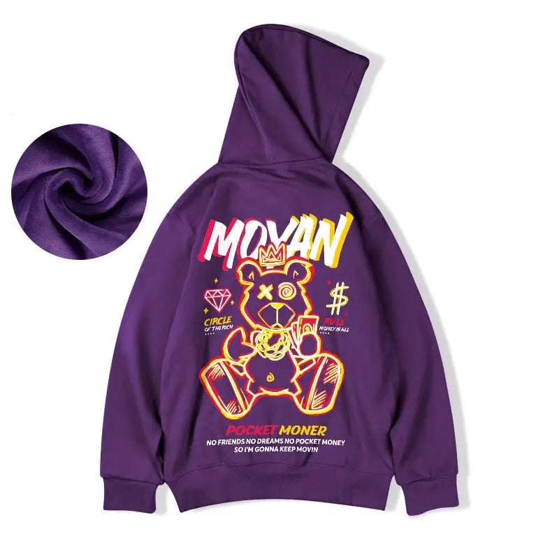 Moyan Bear Hoodie Urban Street Style Pullover Purple / M