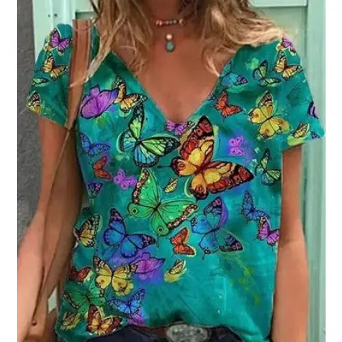 Multi-color Butterfly V-Neck T-Shirt