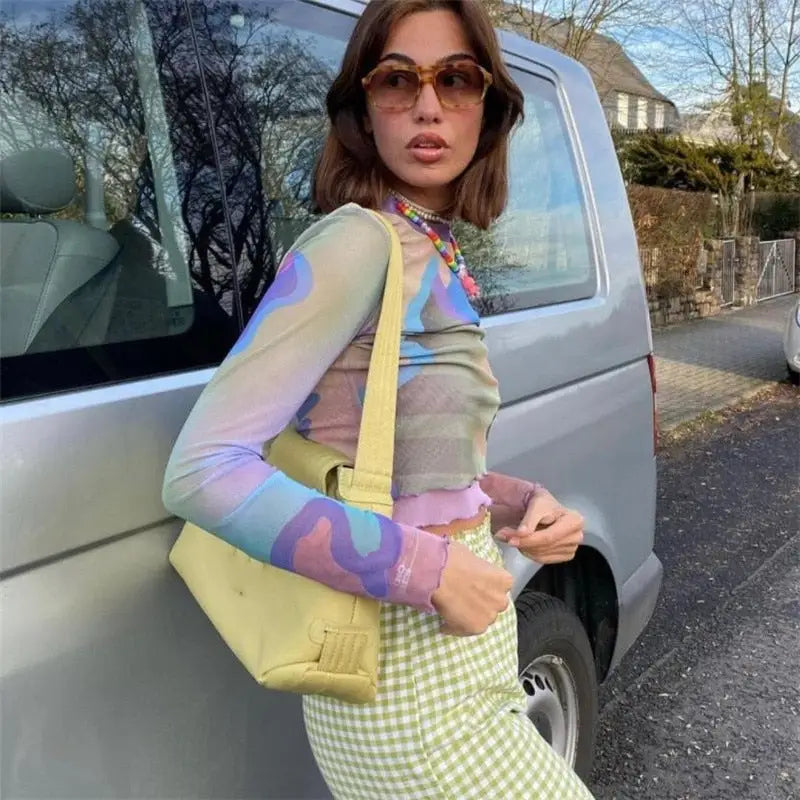 Multi Color Mesh Long Sleeve Lettuce Trim Crop Top