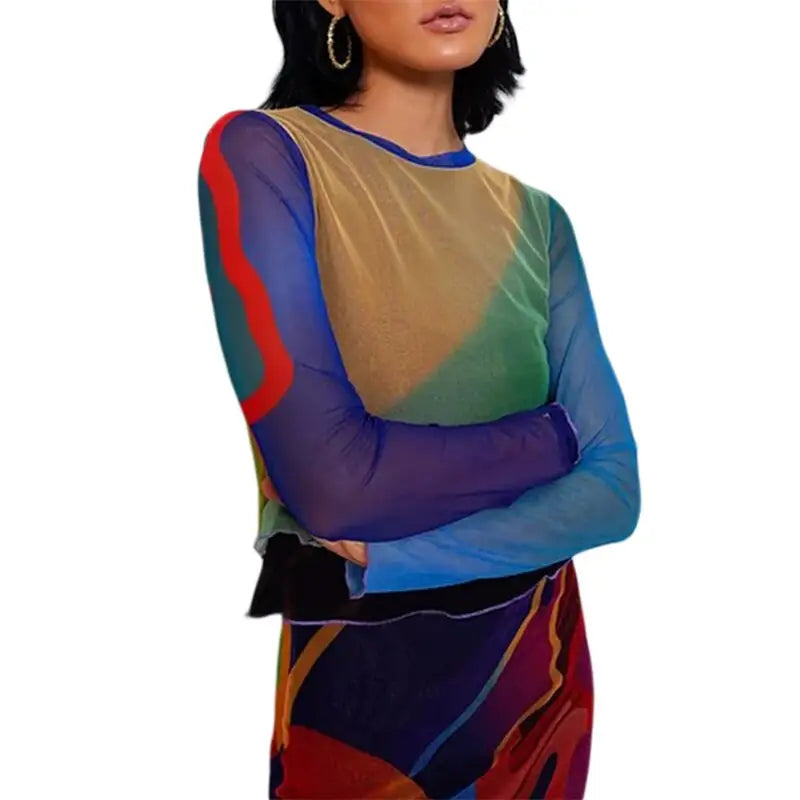 Multi Color Mesh Long Sleeve Lettuce Trim Crop Top