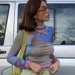 Multi Color Mesh Long Sleeve Lettuce Trim Crop Top