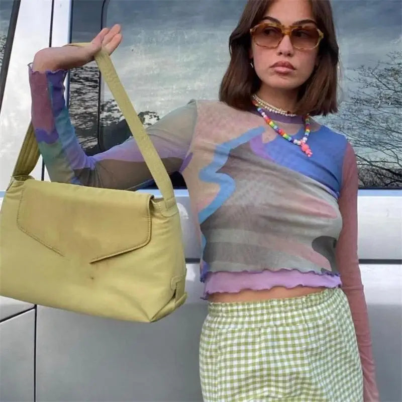 Multi Color Mesh Long Sleeve Lettuce Trim Crop Top