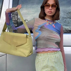 Multi Color Mesh Long Sleeve Lettuce Trim Crop Top