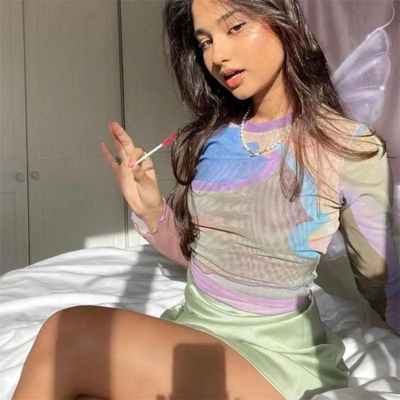 Multi Color Mesh Long Sleeve Lettuce Trim Crop Top Green / S