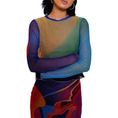 Multi Color Mesh Long Sleeve Lettuce Trim Crop Top Purple