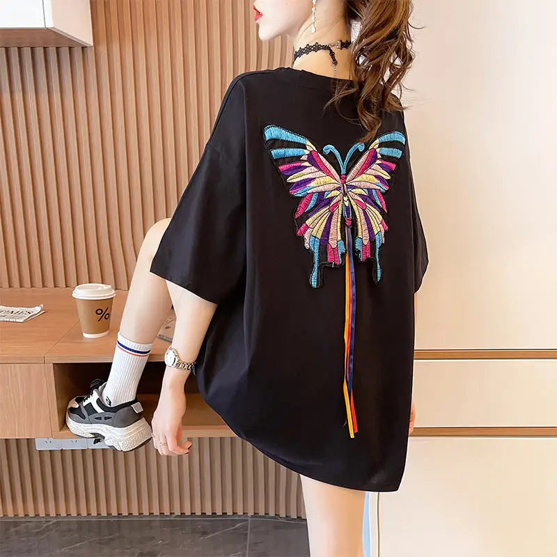 Multicolor Embroidery Butterfly Oversize T-shirt - Black