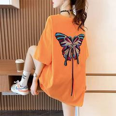 Multicolor Embroidery Butterfly Oversize T-shirt - Orange