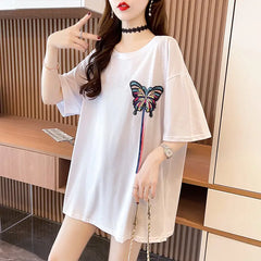 Multicolor Embroidery Butterfly Oversize T-shirt - T-Shirt