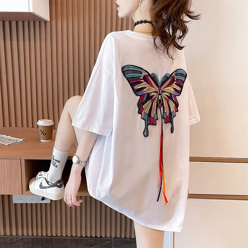 Multicolor Embroidery Butterfly Oversize T-shirt - White