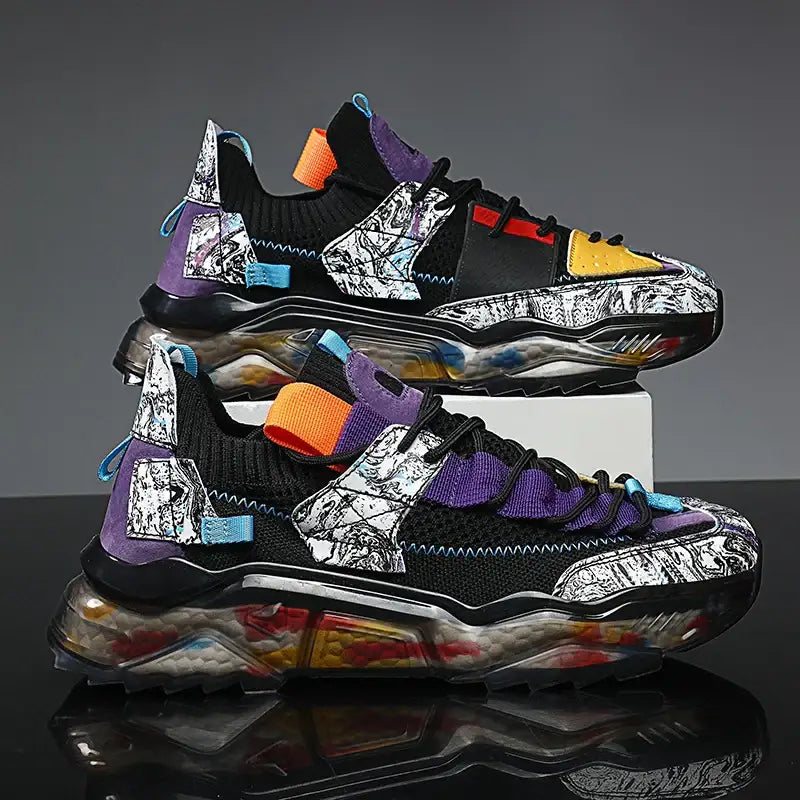 Multicolor Marble Platform Lace up Sneakers - Black Purple