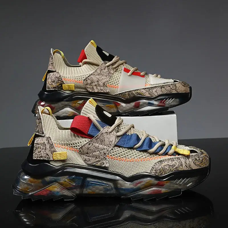 Multicolor Marble Platform Lace Up Sneakers Euro Size Beige