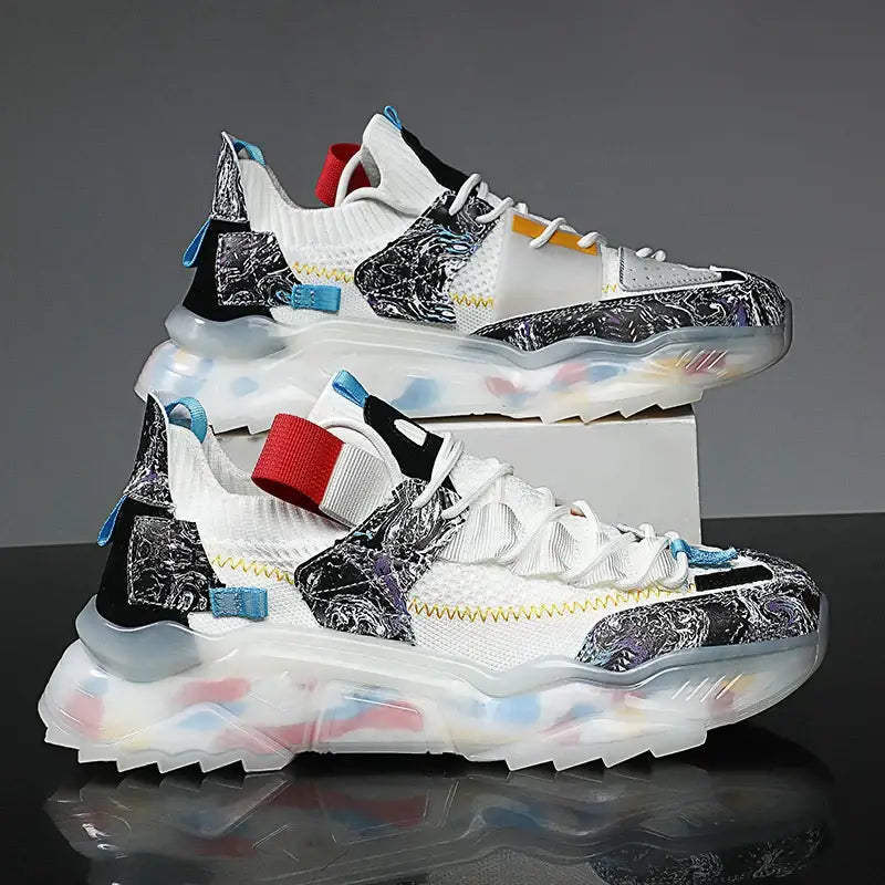 Multicolor Marble Platform Lace Up Sneakers Euro Size White