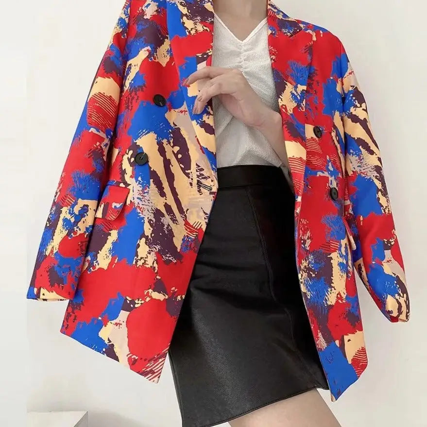 Multicolored Loose Double Breasted Blazer With Pockets