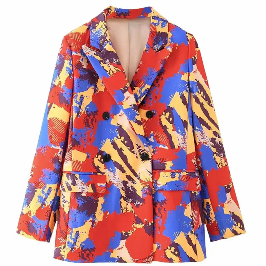 Multicolored Loose Double Breasted Blazer With Pockets