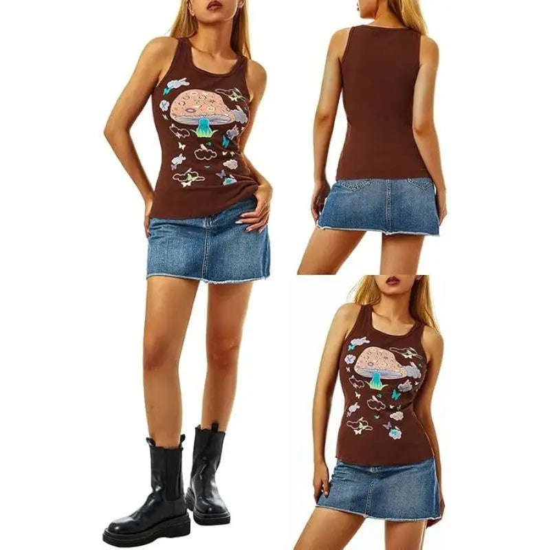 Mushroom and Butterflies Print Tank Top