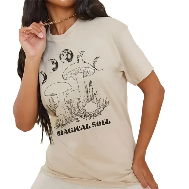 Mushroom Fan Club Retro Cute T Shirt Beige.. / XS