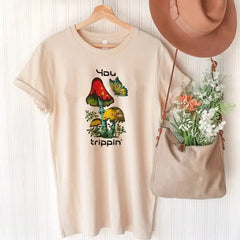 Mushroom Fan Club Retro Cute T Shirt Beige. / XS