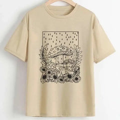 Mushroom Fan Club Retro Cute T Shirt Khaki. / XS