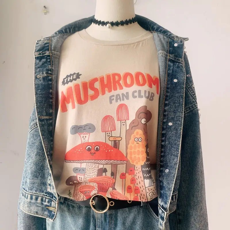 Mushroom Fan Club Retro T Shirt with Inches Shoulder Fit