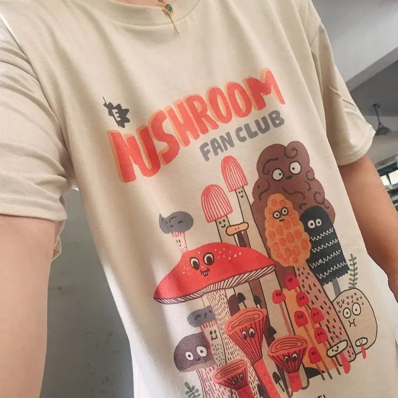 Mushroom Fan Club Retro T Shirt with Inches Shoulder Fit B