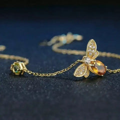 Natural Citrine Crystal Bee Silver Bracelet - Gold