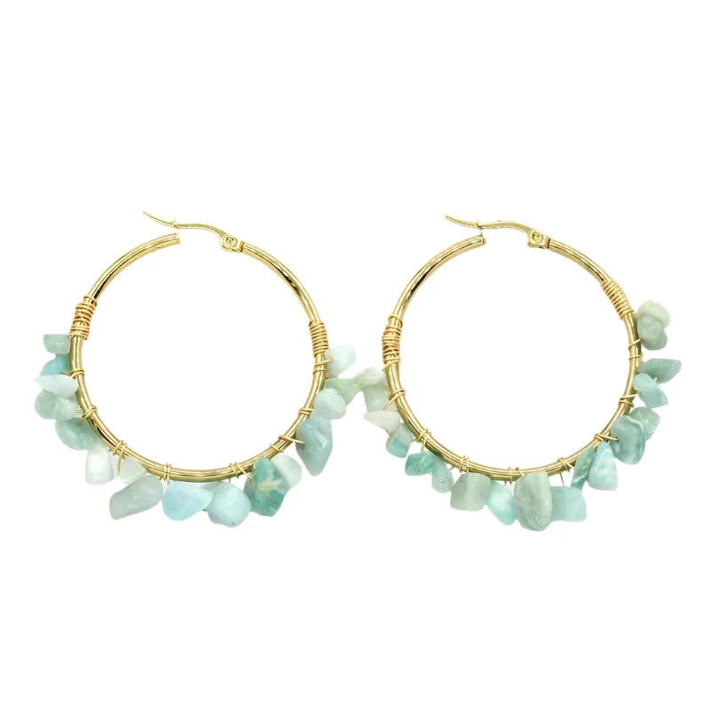 Natural Crystal Long Tassel Round Hoop Earrings Amazonite