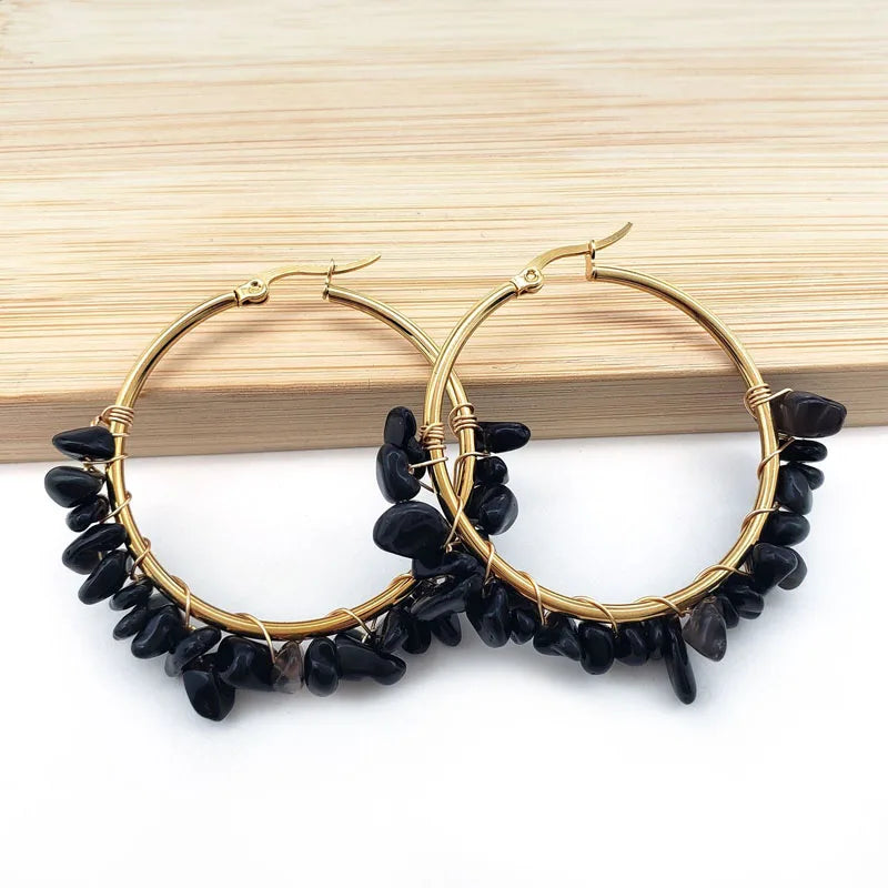 Natural Crystal Long Tassel Round Hoop Earrings Black