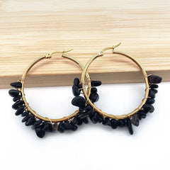 Natural Crystal Long Tassel Round Hoop Earrings Black