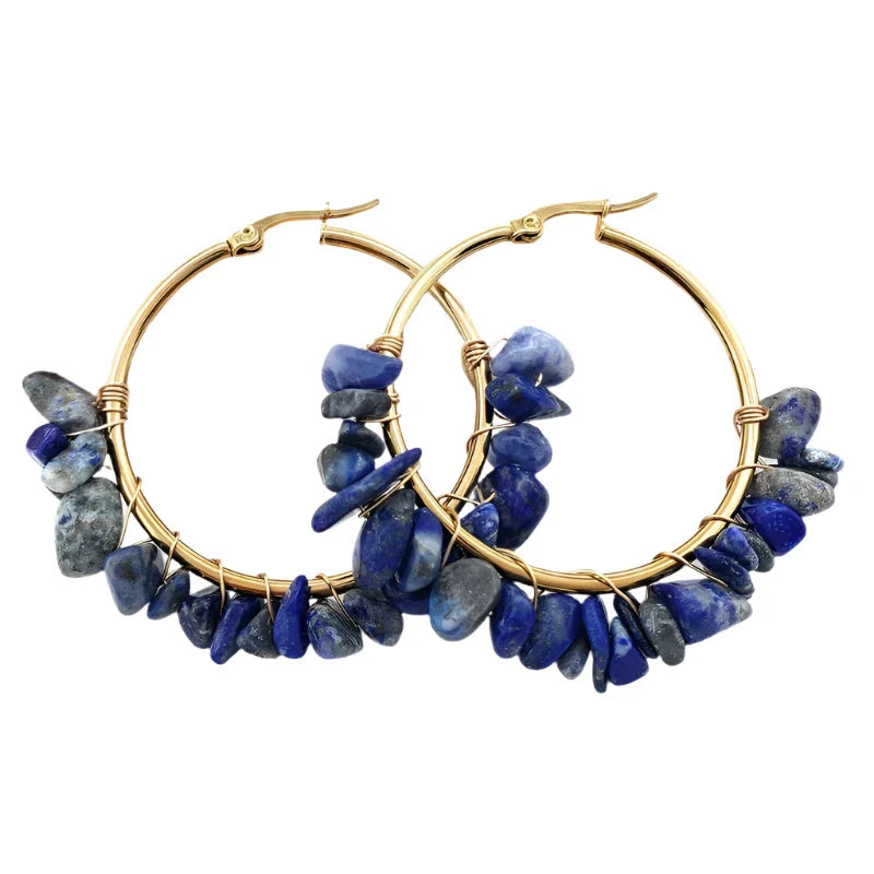 Natural Crystal Long Tassel Round Hoop Earrings Blue