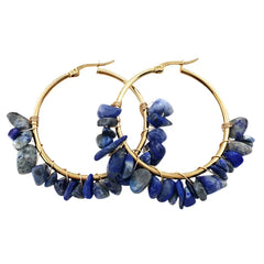 Natural Crystal Long Tassel Round Hoop Earrings Blue