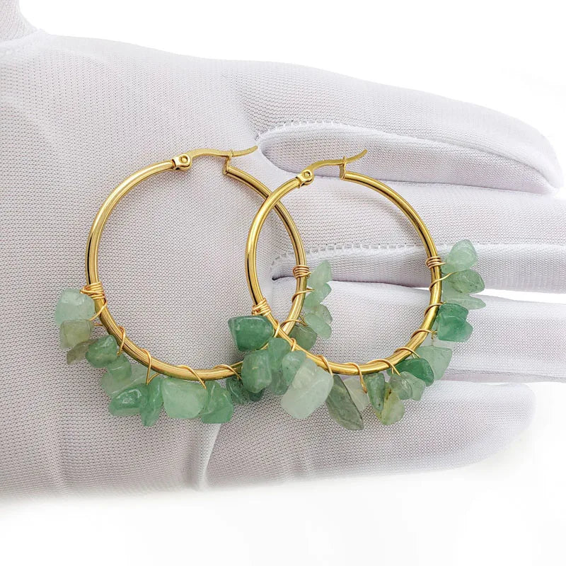 Natural Crystal Long Tassel Round Hoop Earrings Green