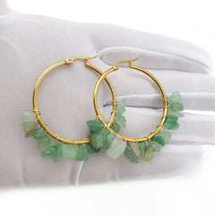 Natural Crystal Long Tassel Round Hoop Earrings Green
