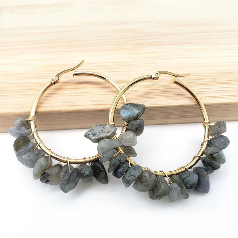 Natural Crystal Long Tassel Round Hoop Earrings Grey