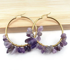 Natural Crystal Long Tassel Round Hoop Earrings Purple