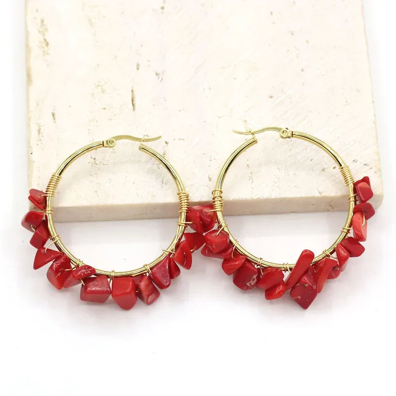 Natural Crystal Long Tassel Round Hoop Earrings Red