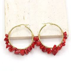 Natural Crystal Long Tassel Round Hoop Earrings Red