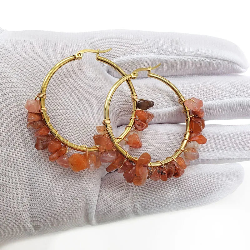 Natural Crystal Long Tassel Round Hoop Earrings Tangerine