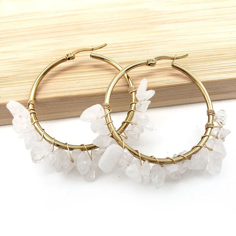 Natural Crystal Long Tassel Round Hoop Earrings White