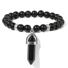 Natural Stone Donuts And Pendant Bracelet - Black Agate