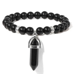 Natural Stone Donuts Pendant Bracelet Black Agate / 17cm