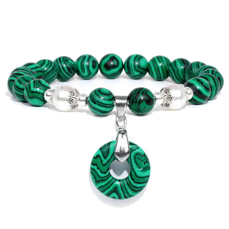 Natural Stone Donuts Pendant Bracelet Malachite / 17cm