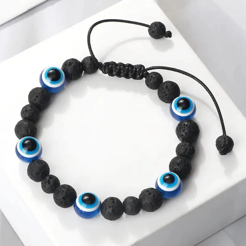 Natural Stones Blue Evil Eye Adjustable Bracelet Black Lava