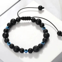 Natural Stones Blue Evil Eye Adjustable Bracelet Black Lava