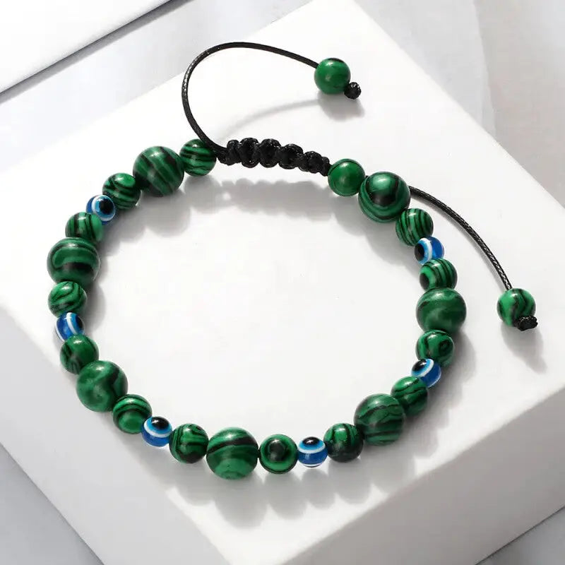Natural Stones Blue Evil Eye Adjustable Bracelet Malachite