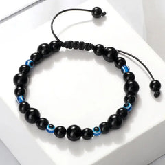 Natural Stones Blue Evil Eye Adjustable Bracelet Shiny Black