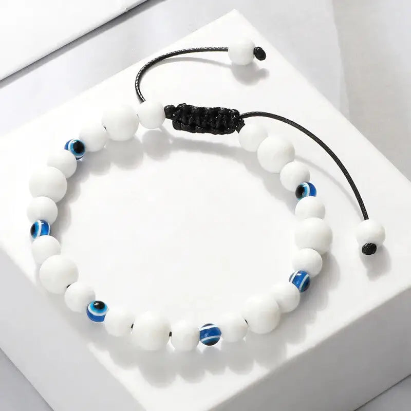 Natural Stones Blue Evil Eye Adjustable Bracelet White